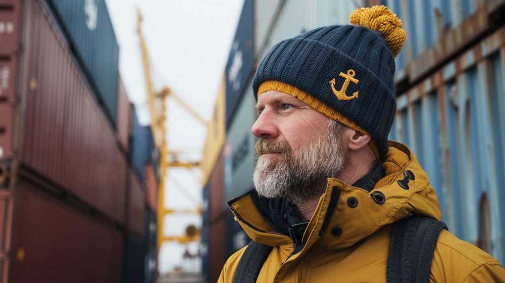 Un ouvrier portuaire portant un bonnet épais en bord-côte avec une broderie tissée et un pompon contrasté aux couleurs de son entreprise.