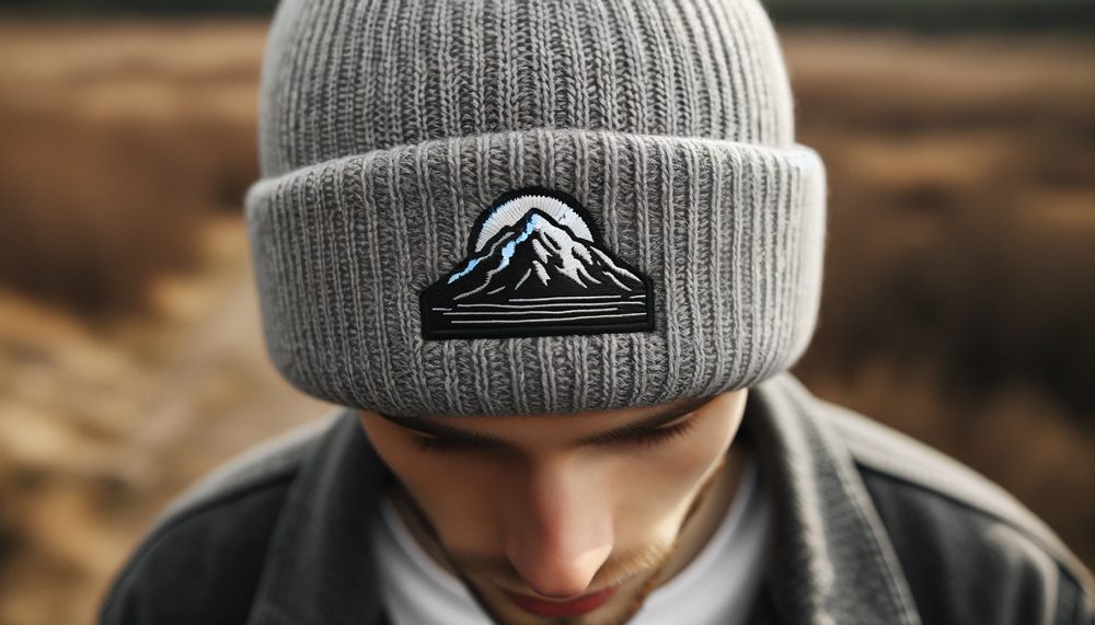 Un homme qui porte un bonnet personnalisé d’une broderie représentant le logo d’une montagne.