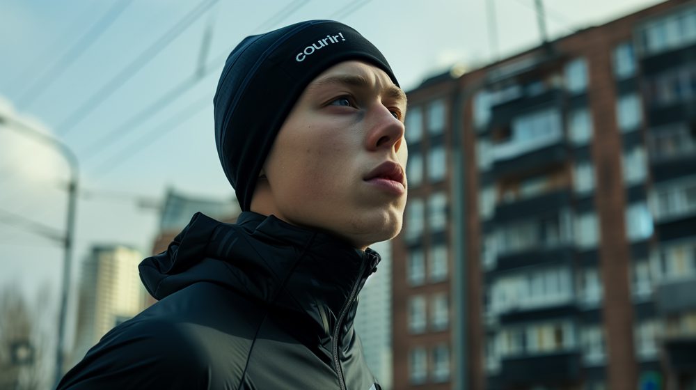 Un homme sportif qui porte un bonnet en polyester fin personnalisé de la sérigraphie « Courir ! », avec traitement antibactérien.