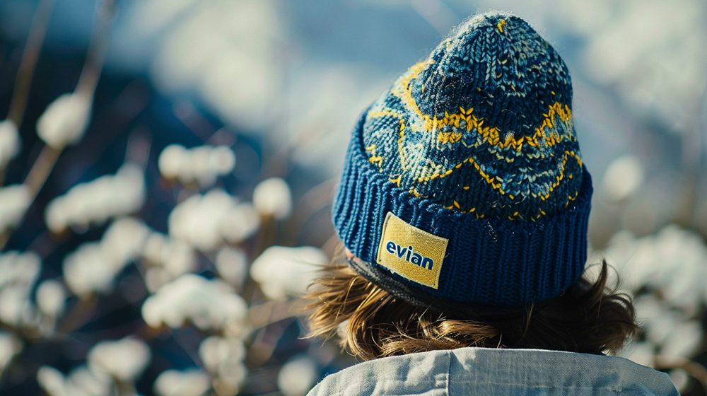 Une personne qui porte un bonnet chaud et épais en jacquard, personnalisé d’un patch tissé et brodé pour assurer la promotion d’une marque.