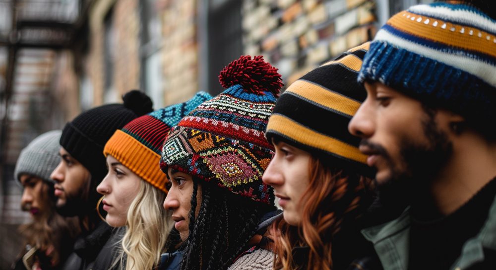 Des bonnets personnalisés de différentes matières et couleurs, exposés sur une étagère.