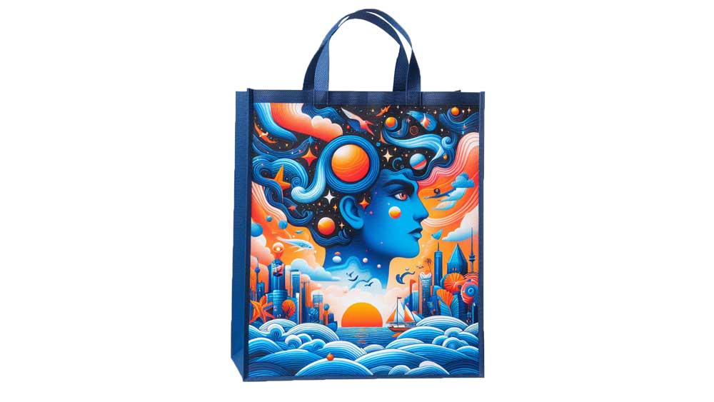 Custom bag for retail professionals, decorated with an artistic design, to promote a store's brand image.