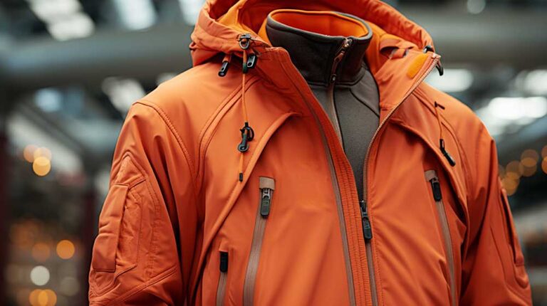 Une veste softshell 3 couches de couleur orange avec des poches, des accessoires et des détails personnalisés.